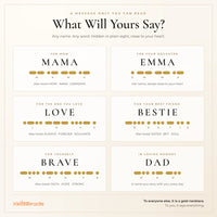 A digital preview of Morse code  customizable necklace pendants for different relationships, titled 'What Will Yours Say?'. Each card shows a name like 'MAMA', 'EMMA', 'LOVE', 'BESTIE', 'BRAVE', and 'DAD' with hidden words underneath, on a cream background with gold and black text.